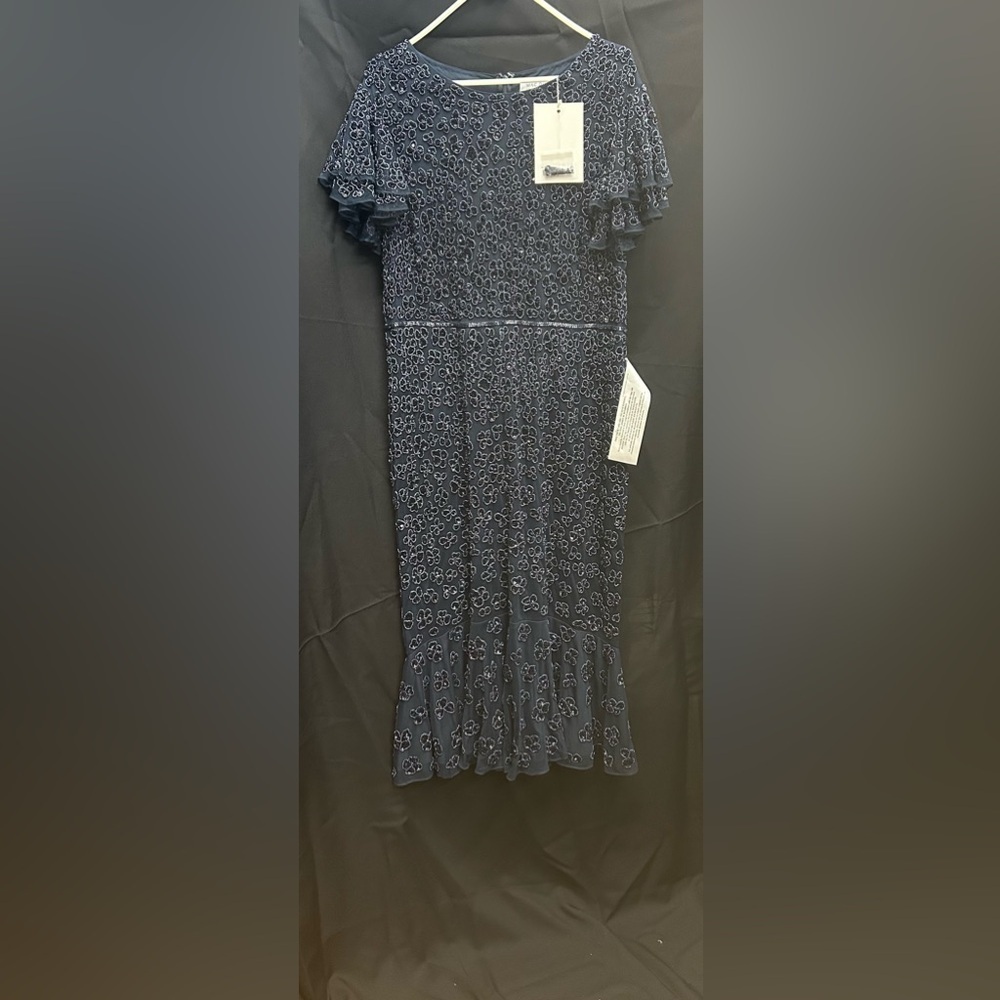 Mac Duggal 10771 NWT HAND BEADED FLOUNCE SLEEVE MIDI DRESS (Blue) - Picture 5 of 12
